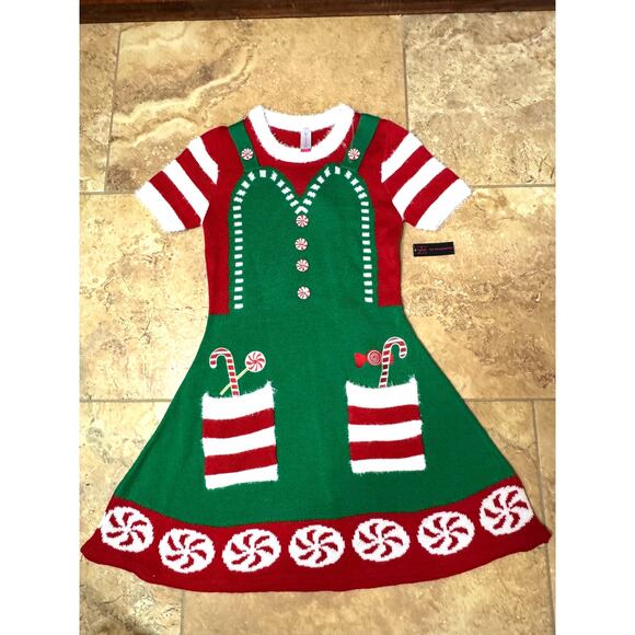 NWT Santa's Sweets Helper Apron Knit Dress Size M (7-9) Candy Cane Buttons - Picture 1 of 7